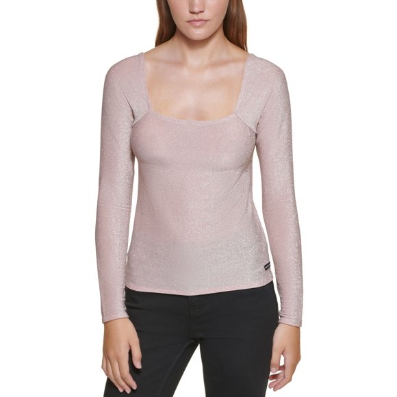 Calvin Klein Womens Square-Neck Shimmer Top, Enchant/Silver, Small