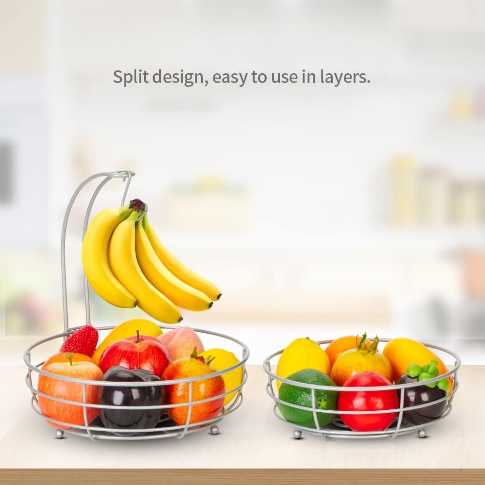 Iron 2-Tier Countertop Fruit Basket. Storage with Banana Hanger. Black, 64 Ounces. Stylish and Practical. Organize Your Fruits and Veggies. Durable Iron Construction.