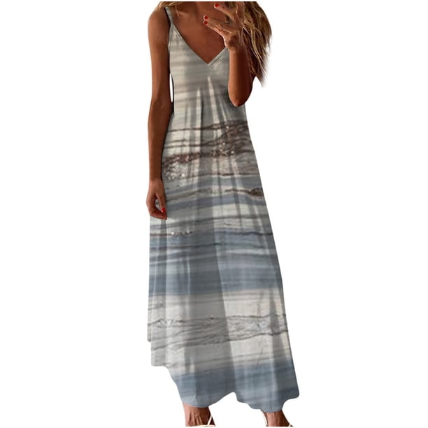 Vestido de Verano Casual sin Mangas con Cuello en V Maxi, Vestido de Verano Largo Y Fluido Impreso