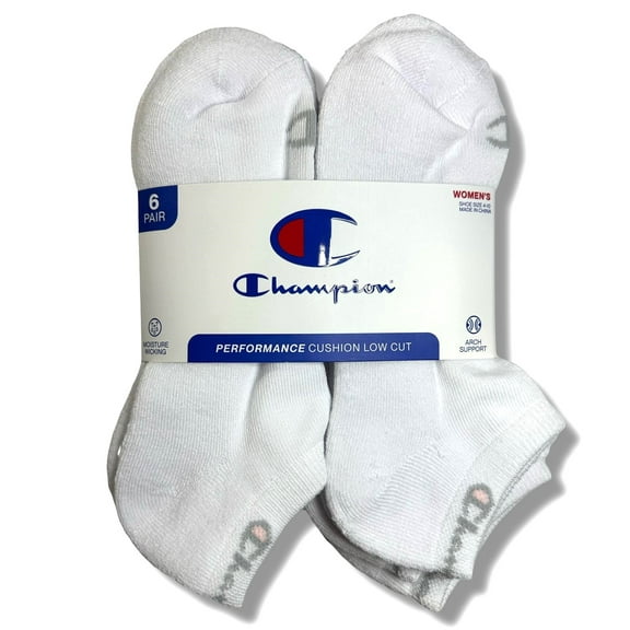 CHAMPION SOCKS WOMEN'S - LOW CUT - 253 WHITE WHITE - SHOE SZ 5-9 PACK 6