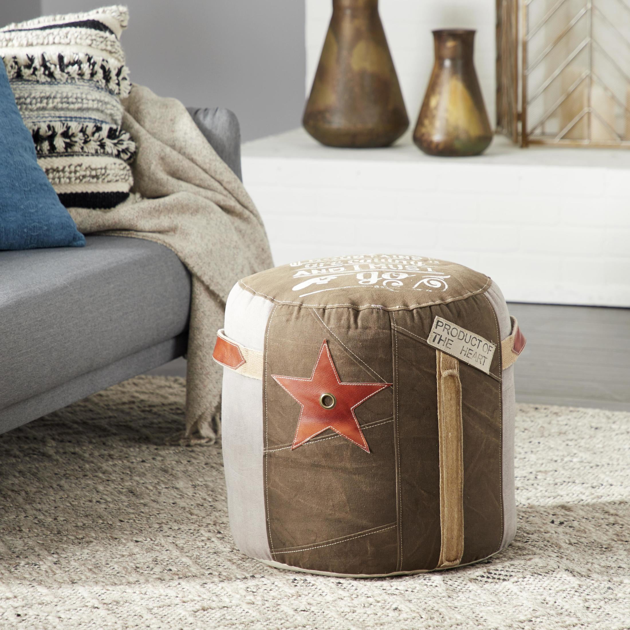 DecMode Abstract Adventure Brown Canvas Star Pouf with Gray and Leather Accents