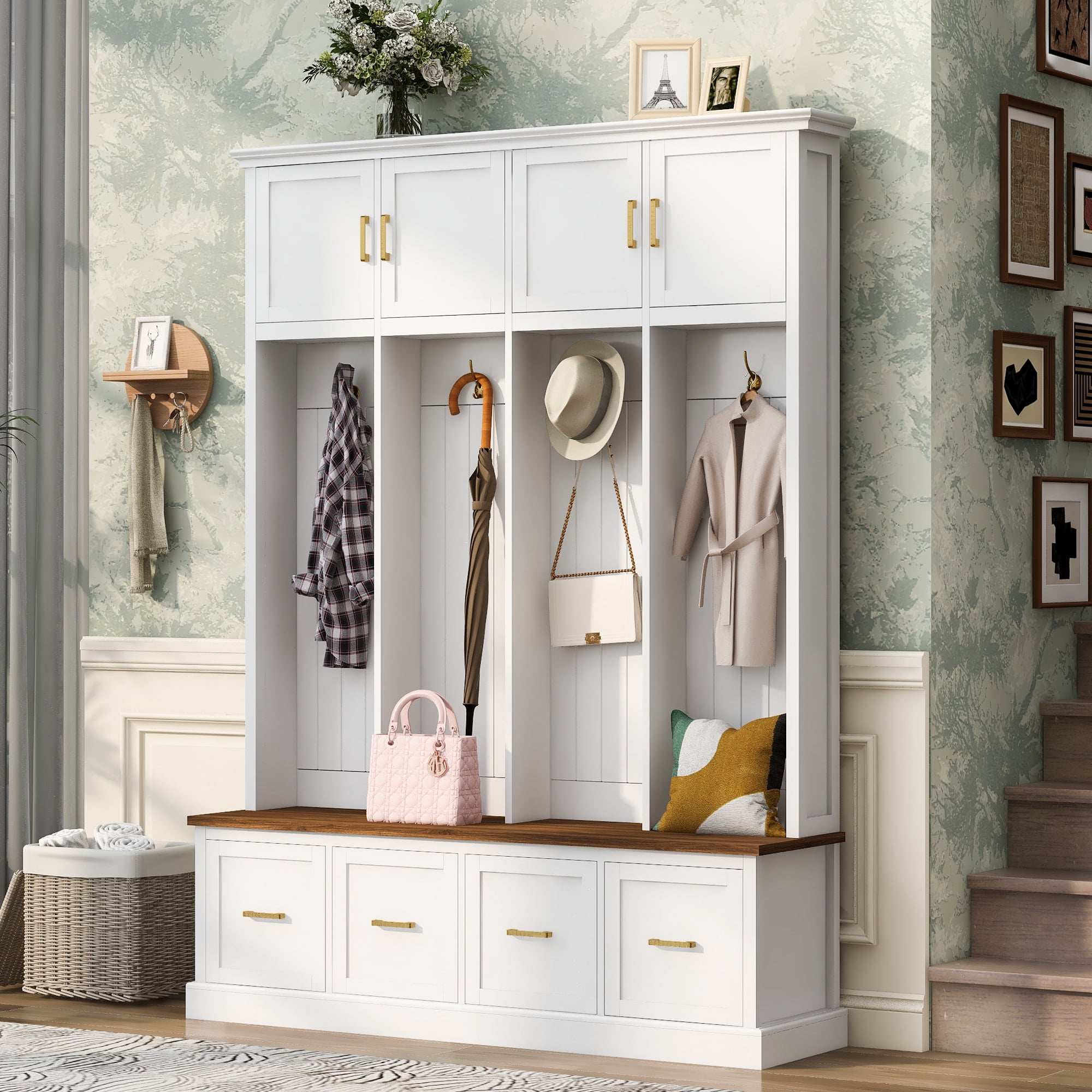 Mintazer 78” Tall Farmhouse Entryway Hall Tree with Coat Rack Hooks, Cabinets, Drawers & Shoe Storage Bench for Living Room, Bedroom, Hallway, White