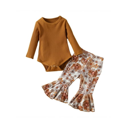 

Infant Girl Solid Ribbed Long Sleeve Romper + Floral Flared Trousers