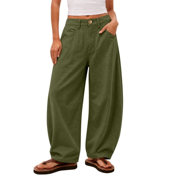 Caywon Women's High Waist Curved Seam Pants, Relaxed Fit Wide Leg Cotton Linen Trousers, Solid Casual Baggy Bottoms for Vacation, Beach & Summer Wear