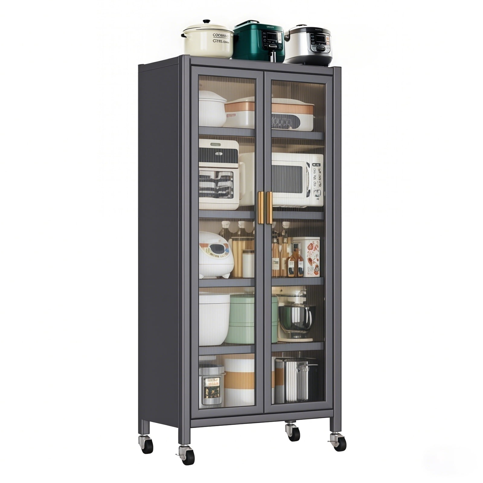 65" Kitchen Pantry Storage Cabinet, 6 Tier Metal Display Storage Cabinet with Transparent Door, Adjustable Shelves & Wheels, Food Pantries Cabinets, for Kitchen, Living Room and Dining Room, (Gray)