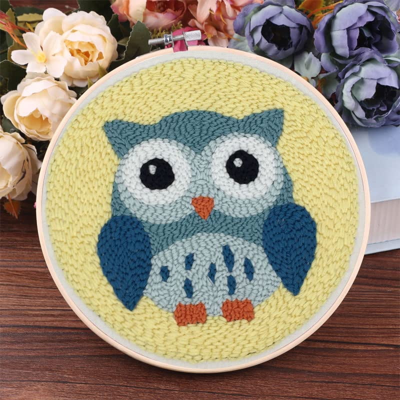 2 Pack Easy Smaller Size DIY Craft Punch Needle Embroidery Kits Rug for Starter Kits with Stamped Color Pattern with Instruction,Yarn and Wood Needle Pen,15cm Hoop (Cartoon Animal Owl,Cat)