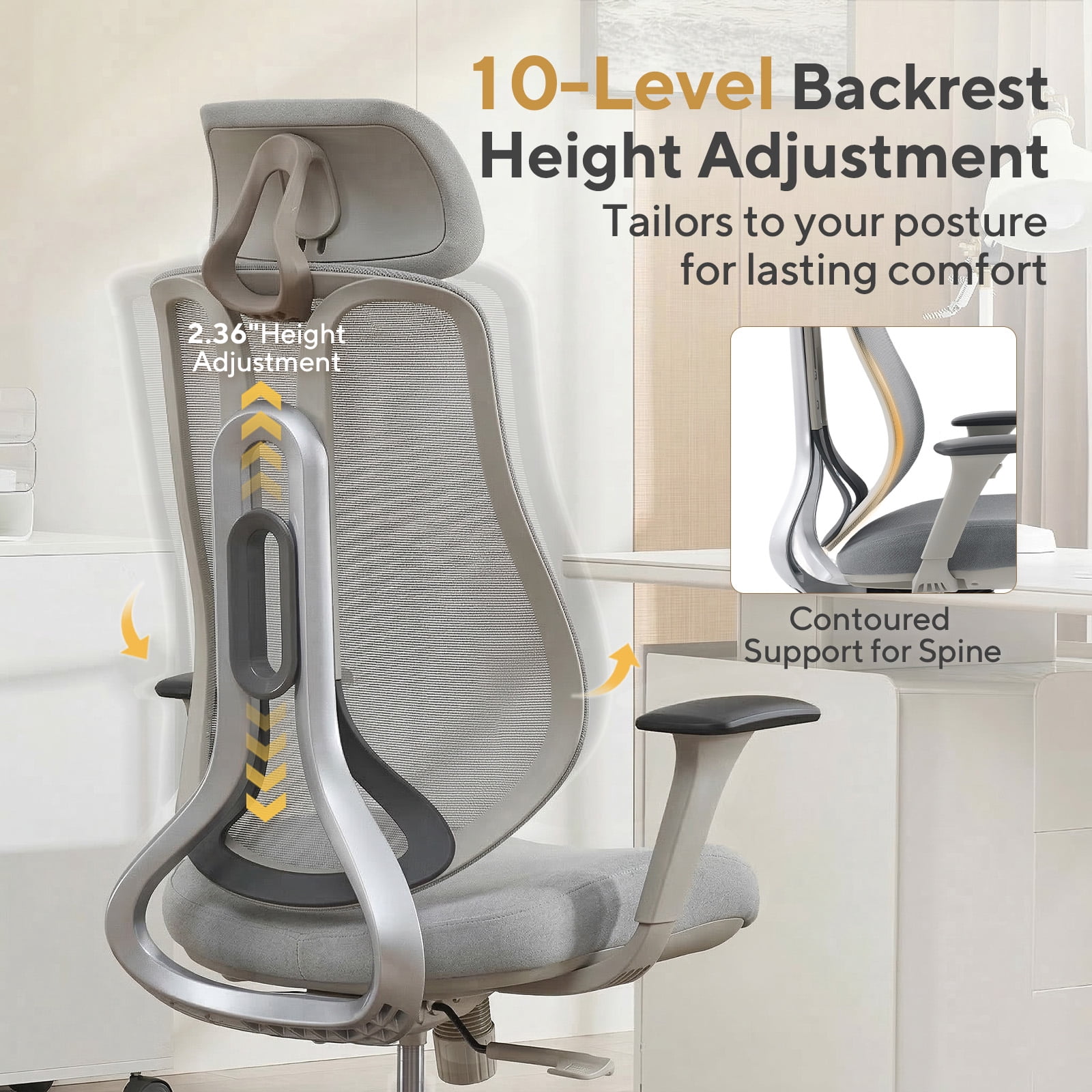 Nouhaus Strato, Gray Mesh, Ergonomic High Back Office Chair with 10-Level Height Adjustment & 3D Armrests for Home Office & Study