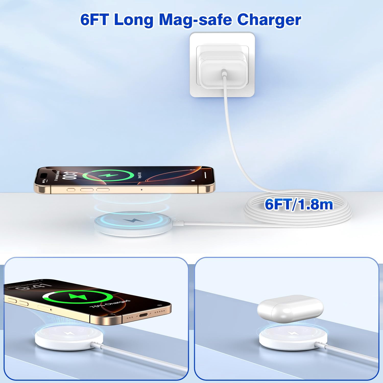 LujingZ Magnetic Wireless Charger - 15W 6FT Fast Charging Pad for iPhone 16 Pro Max/16 Pro/16 Plus/15 Pro Max/14/13/12 & AirPods 3/2/Pro/Pro2
