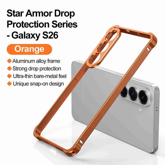Dteck for Samsung Galaxy S26 with Heat Dissipation Bumper Frame, Luxury Shockproof Slim Thin Lens Protection Metal Protection Backless Edge Frame, Orange