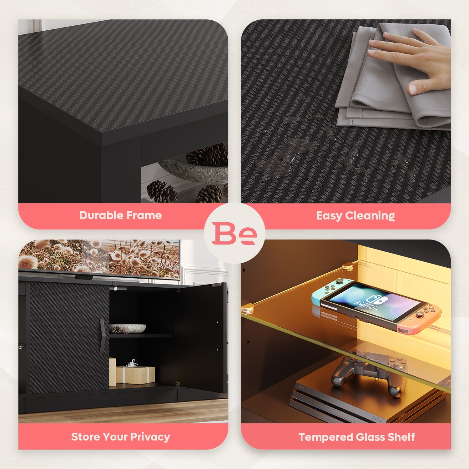 Bestier TV Stand for TVs up to 75" with Storage Cabinet, Entertainment Center for TVs with LED Light for Living Room, Carbon Fiber