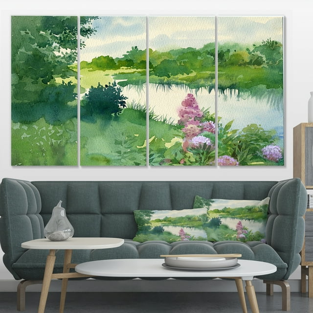 Green Riverside Land Aquarelle - Impression sur Toile Paysage