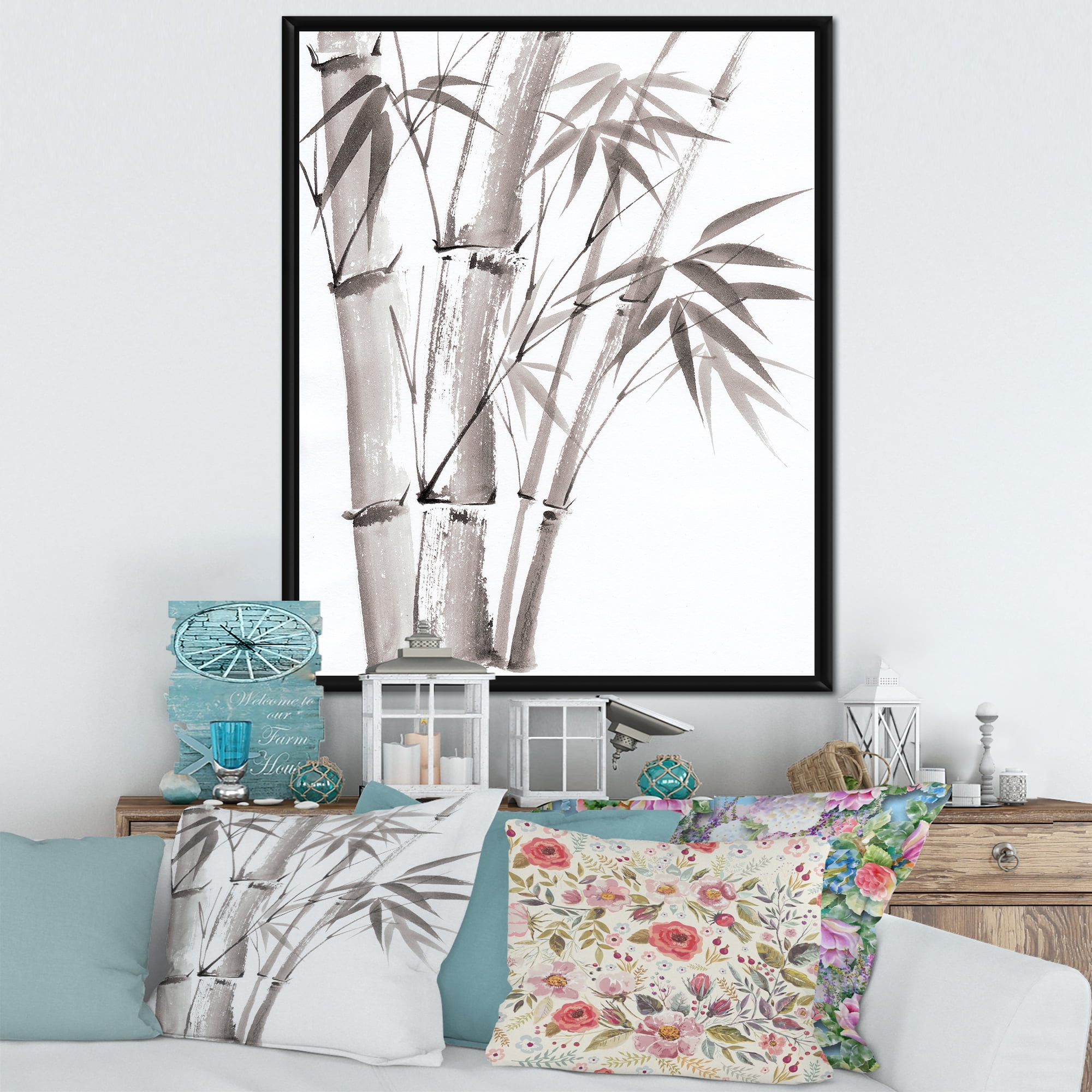 Palm Bamboo Detail On White III 24 in x 32 in Framed Painting Canvas Art Print, by Designart