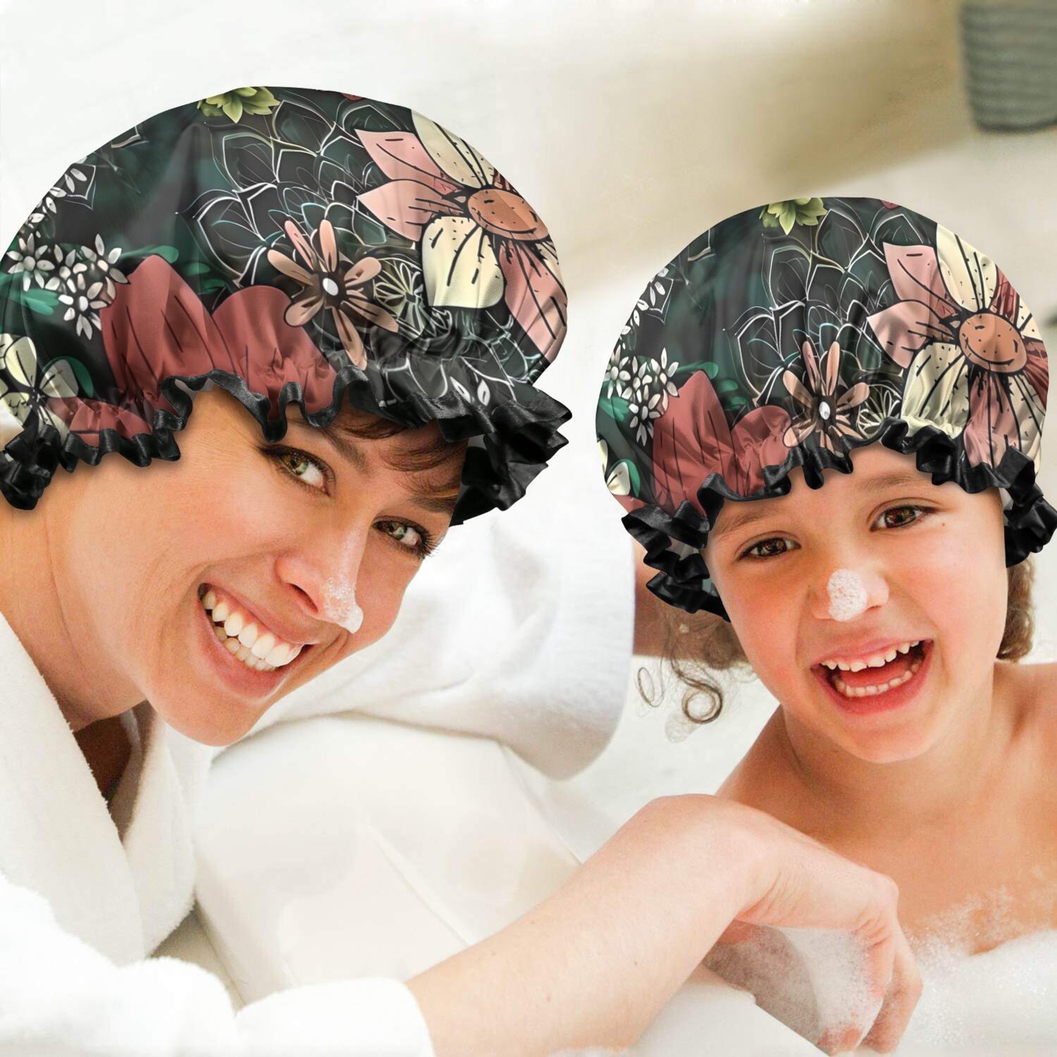 Shower Caps,Pioneer Flower Floral Print Pattern Waterproof Shower Cap for Women 4 Pieces,Double Reusable Hair Cover for Shower PEVA Elastic Stretch Hem