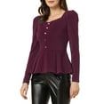 thumbnail image 4 of INSPIRE CHIC Blouse à Encolure Carrée pour Femme, Boutons devant, Basque, Tricot, Manches Longues, Rouge Violacé, L, 4 of 5