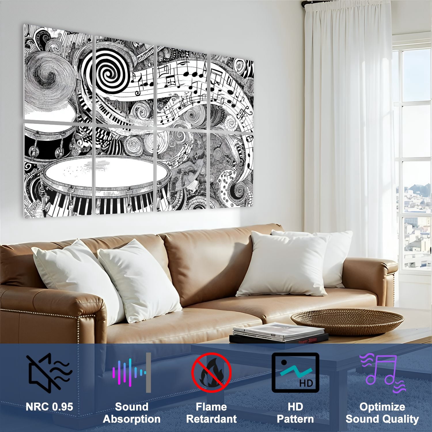 8 Pack Art Acoustic Panels Sound Absorbing Creative Drum Spirals Curves Decorative Soundproof Wall Panels Self Adhesive for Nursery Game Room Bedroom 48"x32"