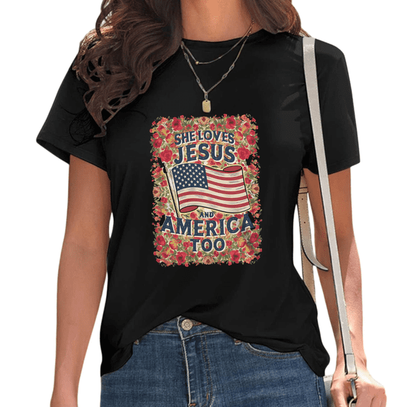 UNISHE Women's She Loves Jesus And America Too T-Shirt Rose Flower Frame Patriotic Flag Tee Black, M
