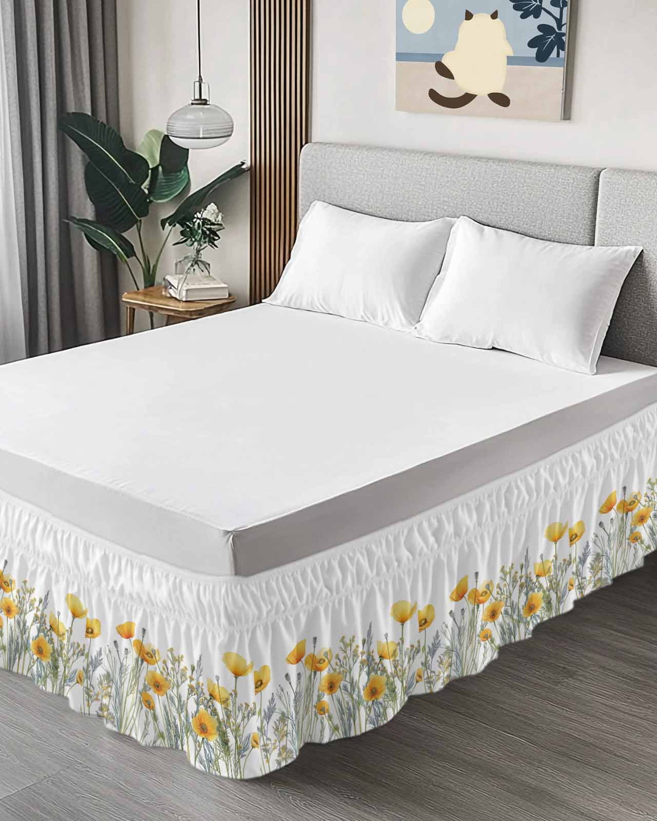 Yellow Spring Floral Wrap Around Bed Skirts for King Bed 18" Drop, Bed Skirt with Adjustable Elastic Belt Dust Ruffle Bed Valance for Bedroom Hotel Luxury Watercolor Summer Botanical Bed Frame Cover