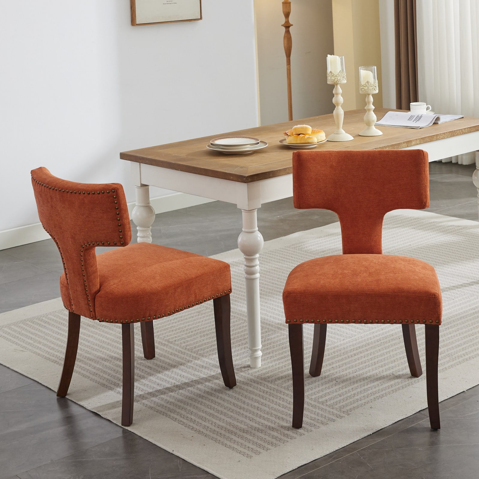 MAYEERTY Mid-Century Modern Dining Chairs - Farmhouse Linen, Curved Back, Copper Nails, Hardwood Frame, Orange, Set of 2