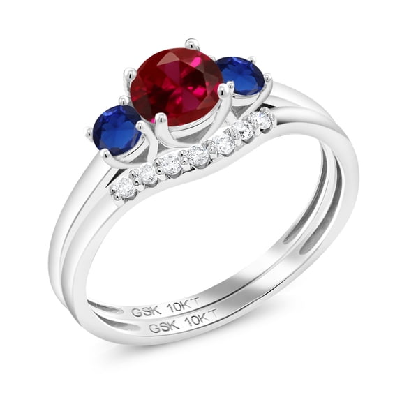 10K White Gold Red Created Ruby and Blue Created Sapphire and White Lab Grown Diamond 3-Stone Bridal Engagement Wedding Ring Set for Women (0.93 Cttw, Gemstone July Birthstone, Round 5MM, Size 8)