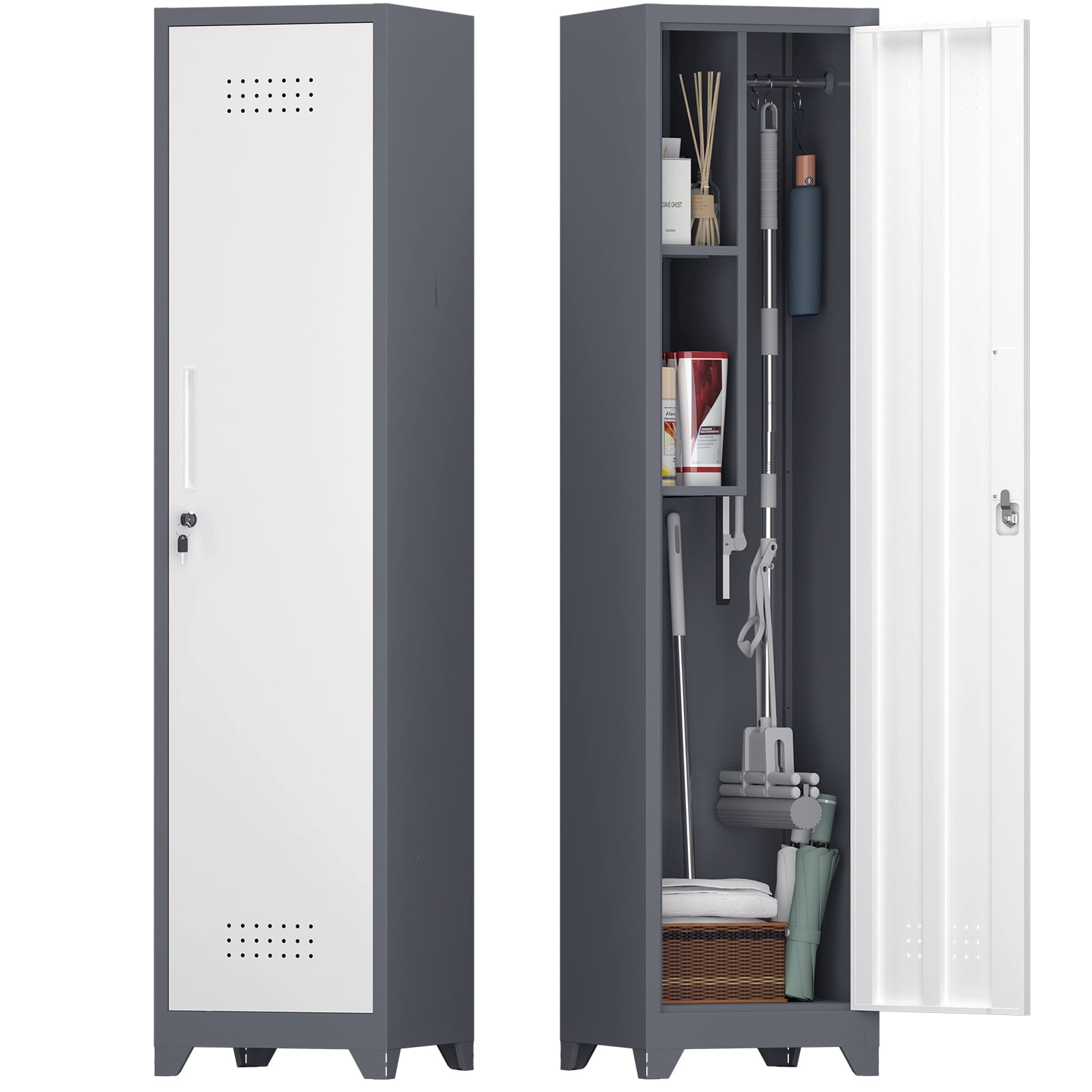 Slim Broom Storage Cabinet with Locking Door,65" Narrow Metal Cabinet with Shelves,Heavy-Duty Bathroom Storage Cabinet for Kitchen,Pantry,Office,Shop,Garage,1pcs,White+Grey