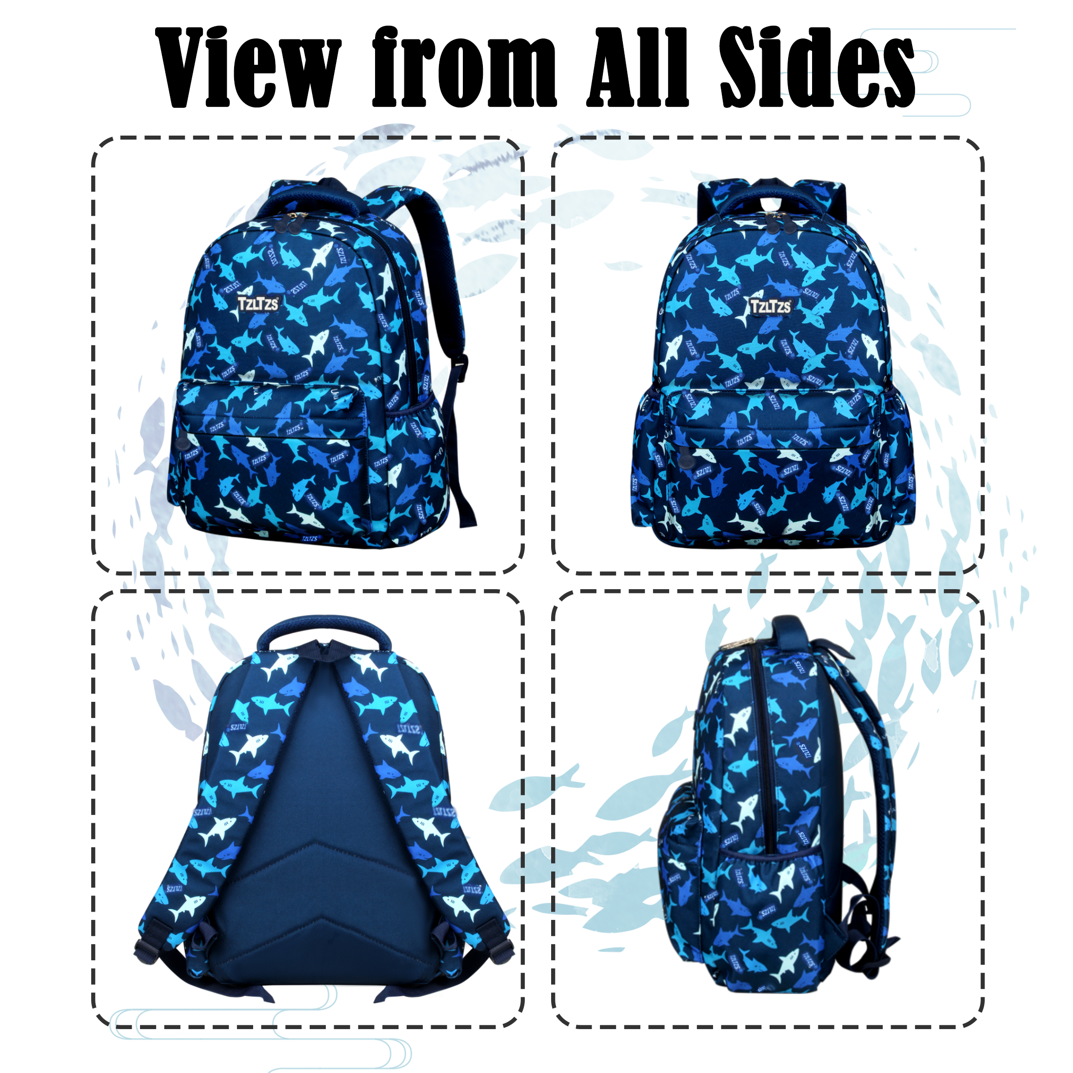 Set de mochila escolar para niños, estampado de tiburón, impermeable, 3 piezas con lonchera y estuche para lápices para estudiantes de primaria 5