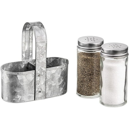 Royalty Art Farmhouse Salt and Pepper Holder with Carry Handle, Rustic Home Decor for Kitchen Counter, Picnic Table, BBQ, and Camping, Silver Galvanized Steel