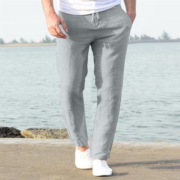 Pantalones largos para hombre, informales, de lino, con cordón, bolsillos, cinturón elástico, rectos, lisos.