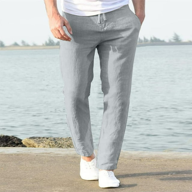 Mefallenssiah Full Length Pants Clearance Men'S Casual Linen Drawstring Pocket Elastic Belt Straight Solid Pants