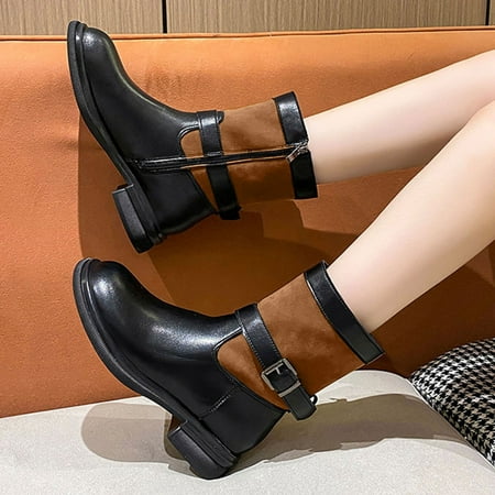 

ERTUTUYI Fashion Autumn And Winter Women Ankle Boots Low Heel Thick Sole Non Slip Side Zipper Round Head Colorblock Casual Style Brown 37