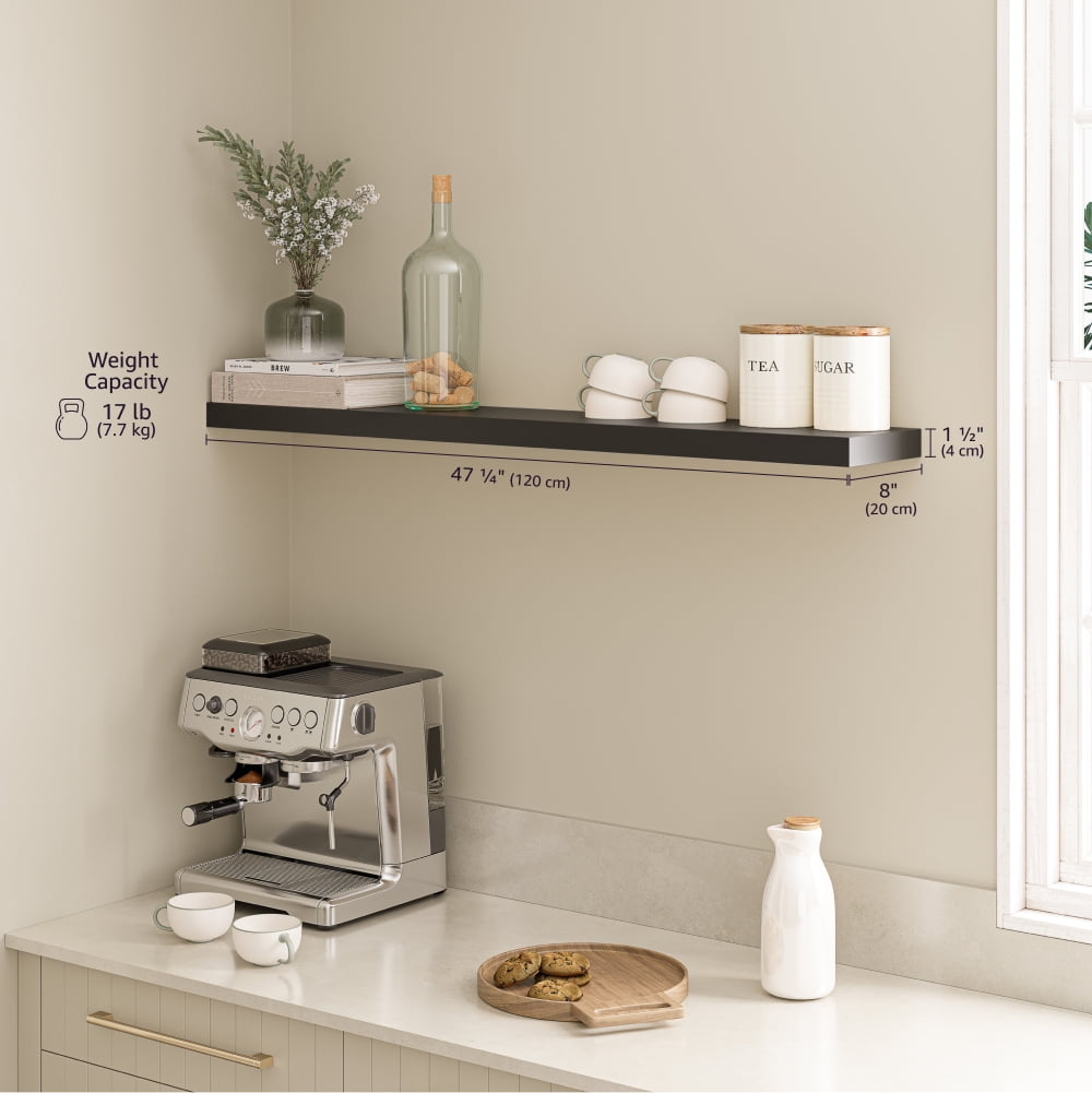Ballucci 48" Floating Shelf, Wood Wall Mount Shelf with Invisible Bracket, 8" Deep, Black