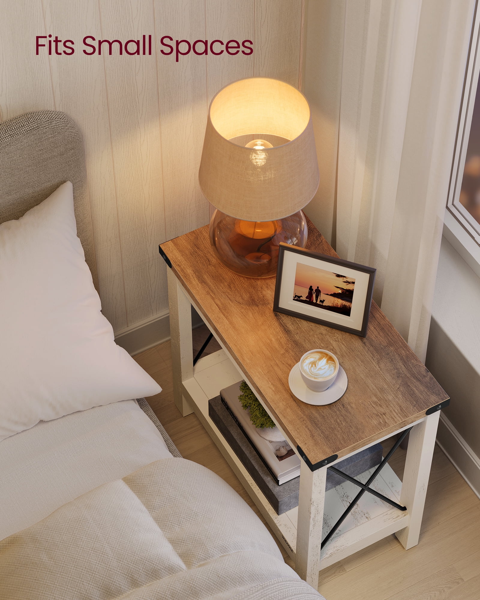 2-Tier End Table with Lower Shelf, Small Accent Table Nightstand, Rustic Farmhouse Design, Sturdy Wooden Construction – Honey Brown & White