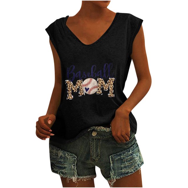Camisetas sin mangas con cuello en V de verano para mujer, camisetas de manga corta con estampado de elementos de béisbol Retro OAVQHLG3B Store lin121212