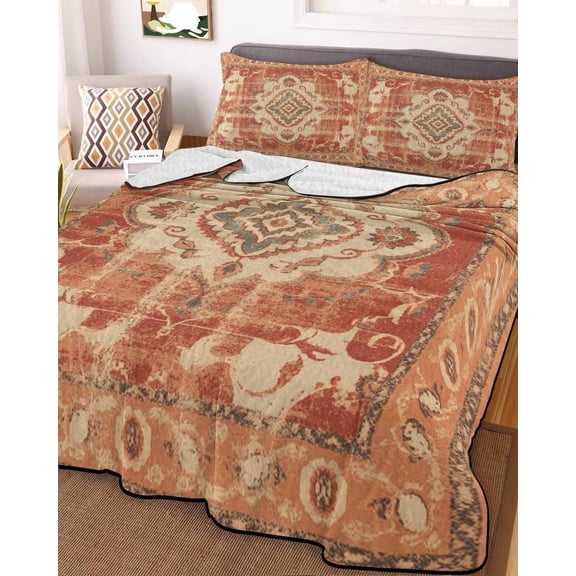 Orange Boho Full Size Down Alternative Comforter, Lightweight Comforter Quilt Bedding Set with Pillow Shams Geometric Antique Tribal Retro Ethnic All Seasons Bed Comforter Duvet Insert 78"x90"