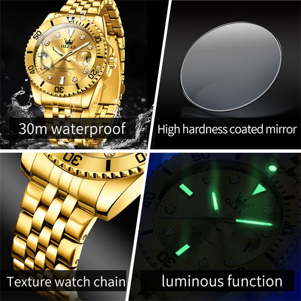 OLEVS Watch for Men Stainless Steel Business Dress Luxury Diamond Big Face Waterproof Mens Watches with Date Analog Wrist Men Watch Reloj para Hombre Gold Dial