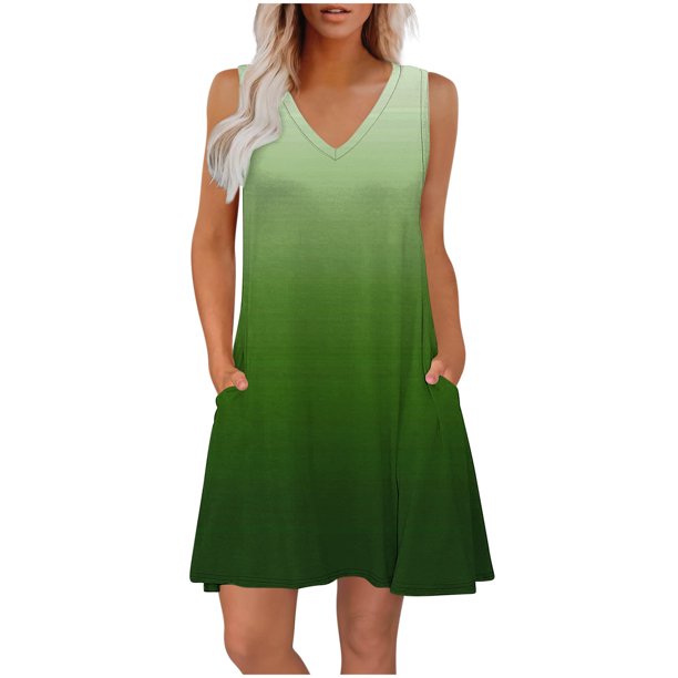 Vestido Corto para Mujeres Verano sin Mangas Cuello en V, Impresión de Moda con Bolsillos, Poliéster de Algodón Casual