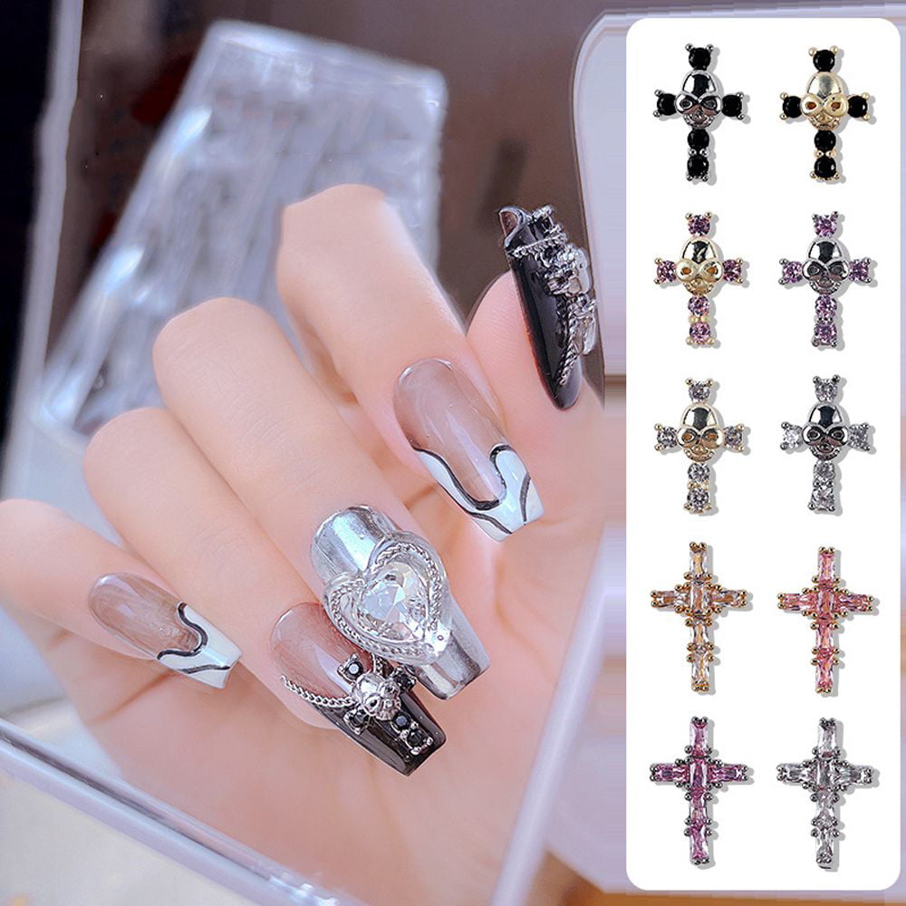 Spaidoon Chrome Hearts Nail Charms, 3D Silver Metal Cross Punk Nail Charms  for Acrylic Nail Art Decoration, Nail Bling Rhinestones and Flower Charms  with Rhinestone Glue
