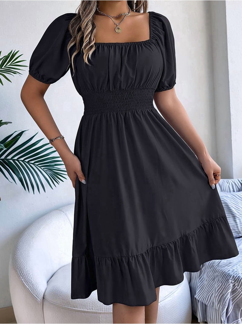 Women'S Boho Summer Square Neck Puff Sleeve Off Shoulder Smocked Tiered  Casual A Line Short Mini Dress Black L - Walmart.com