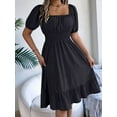 thumbnail image 3 of Women'S Boho Summer Square Neck Puff Sleeve Off Shoulder Smocked Tiered Casual A Line Short Mini Dress Black S, 3 of 8