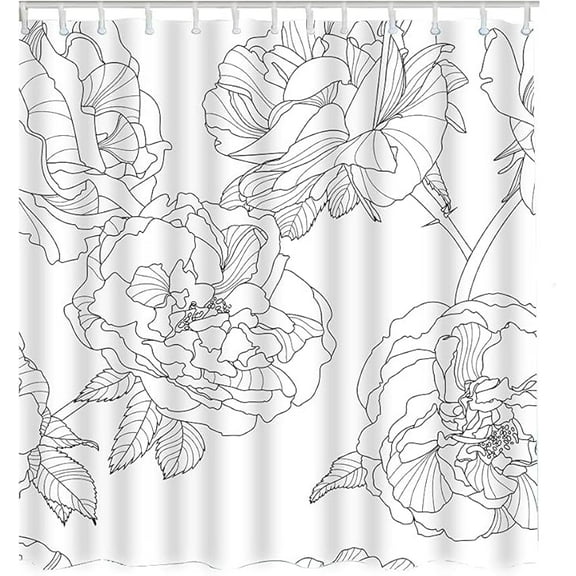 Black White Floral Shower Curtain Rose Flowers Blossom Plant Bathroom Curtains, Machine Washable, Water-Repellent 60"W x 72"L (Pack of 1)