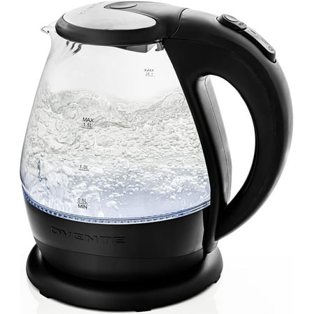 Ovente Lighted Electric Glass Kettle 1.5 L with Blue LED Lights, Black KG845B