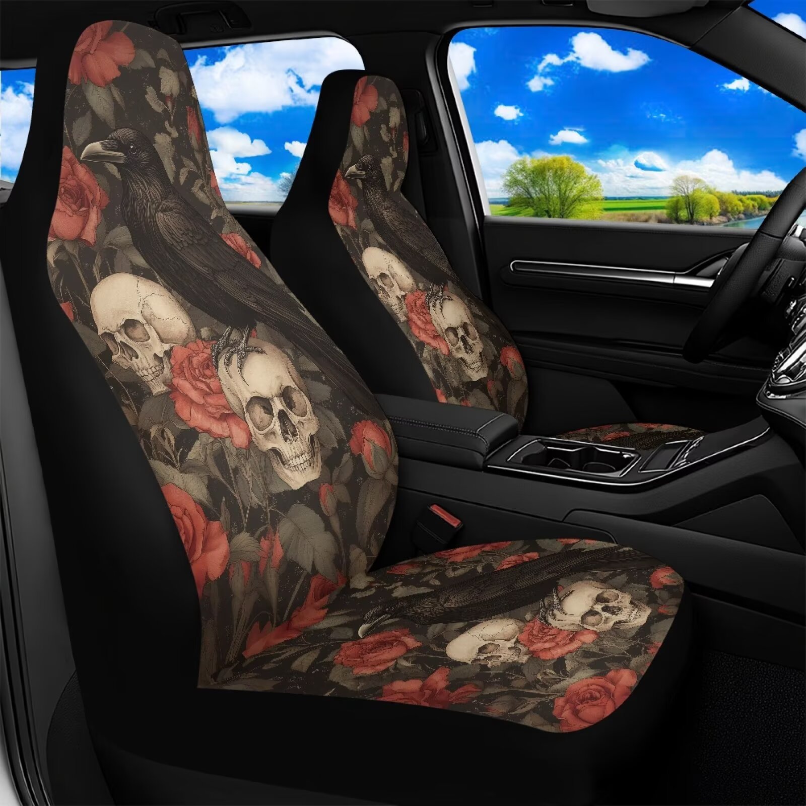 Binienty Halloween Waterproof Auto Seat Covers Black Crow Red Rose Skull Car Front Seat Covers 2 Pack Universal Automitive Bucket Protector Washable Car Interior Accessories, Airbag Compatible
