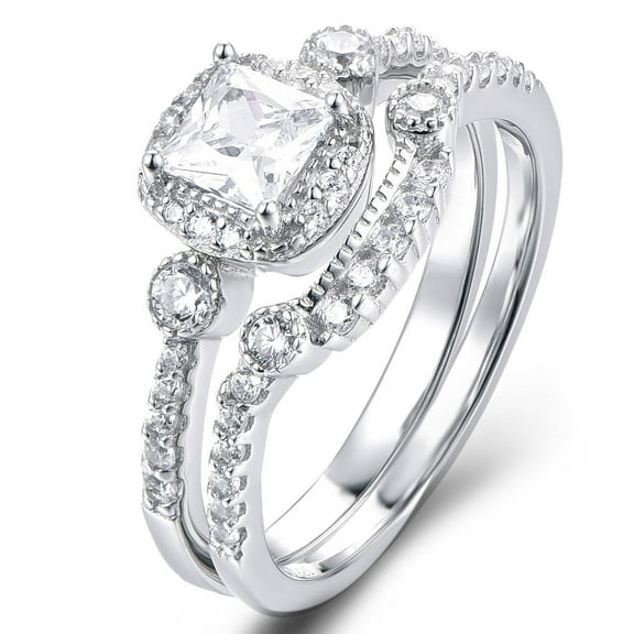 Princess Cut Diamond Bridal Ring Set, Halo Diamond Engagement Ring Set, Two Piece Diamond Ring Set, Solitaire With Accents Diamond Bridal Ring, 14K White Gold Plated, 2.5 Ct Simulated Diamond