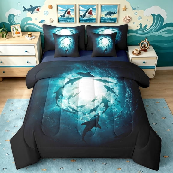 Manfei Underwater Shark Twin Bedding, Deep Ocean Animal Bedding Comforter Set, Teal Blue, Blue Reversible, 7-Piece