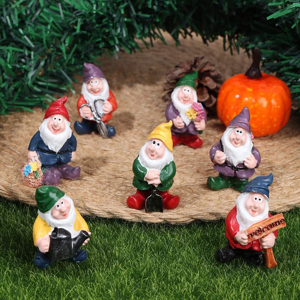 7pcs VAIPI Fairy Garden Accessories Outdoor Mini Gnomes Fairy Garden Set Seven Dwarfs Statue with Flowers and Tools 