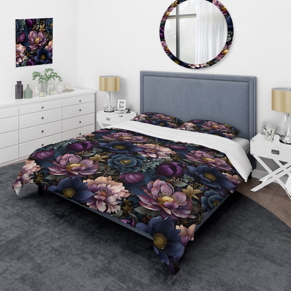 Designart "Moody Moody Flora I" Purple Floral Bedding Covert Set - Cottage Bed Set With 2 Shams