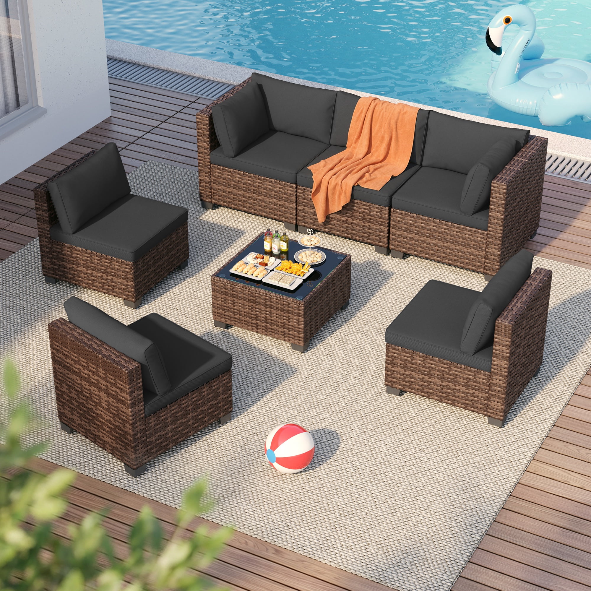 Noelse 7 Pieces Outdoor Patio Furniture Set, Wicker Sectional Sofa Set Sectional Conversation Sets with Cushions and Coffee Table for Garden, Balcony, Porch, Black