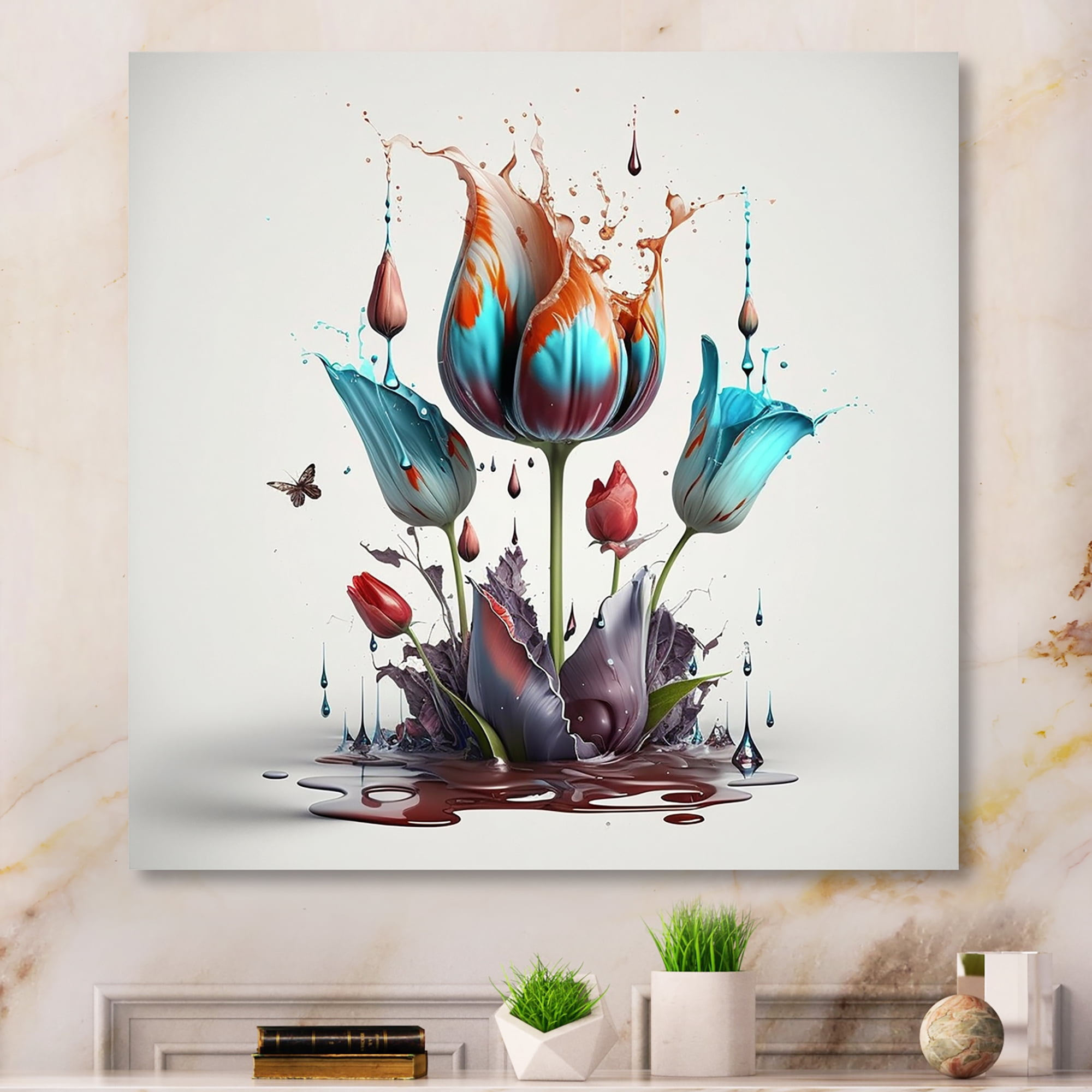 Designart Blue Tulip Paint Drop Canvas Wall Art