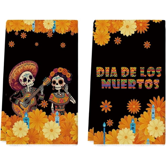 Marigold Day of The Dead Kitchen Towels Set of 2 18x26 Inch | Halloween Skeletons Mexican Hand & Dish Towels,Ultra Absorbent,Seasonal Farmhouse Decoration