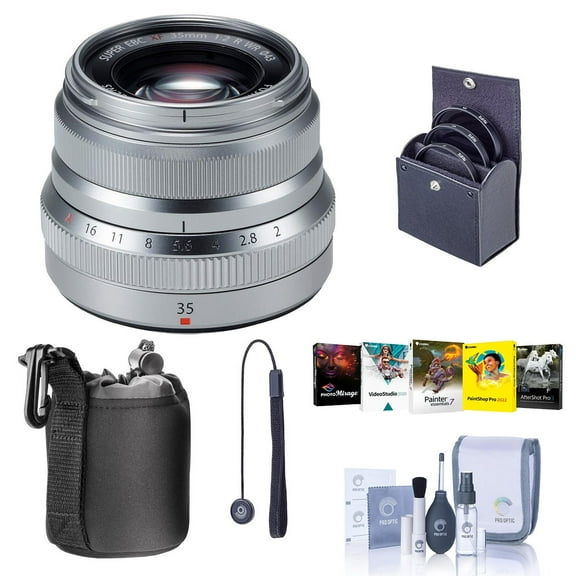 Fujifilm XF 35mm f/2 R WR Lens, Silver, Bundle with 43mm Filter Kit, Lens Case, Cleaning Kit, Lens Cap Tether, PC Software Kit