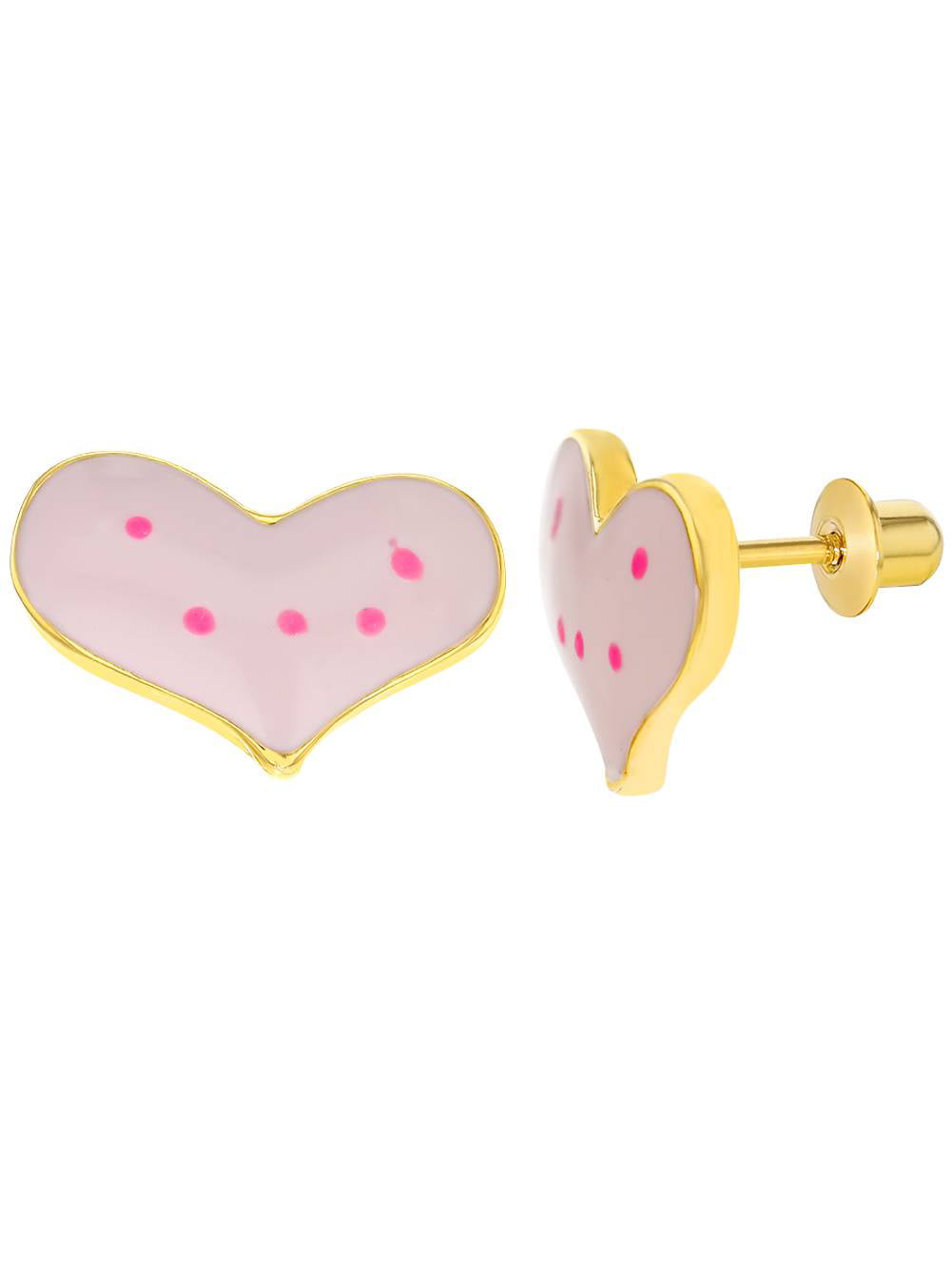 18k Gold Plated Pink Enamel Heart Girls Toddlers Screw Back Earrings 